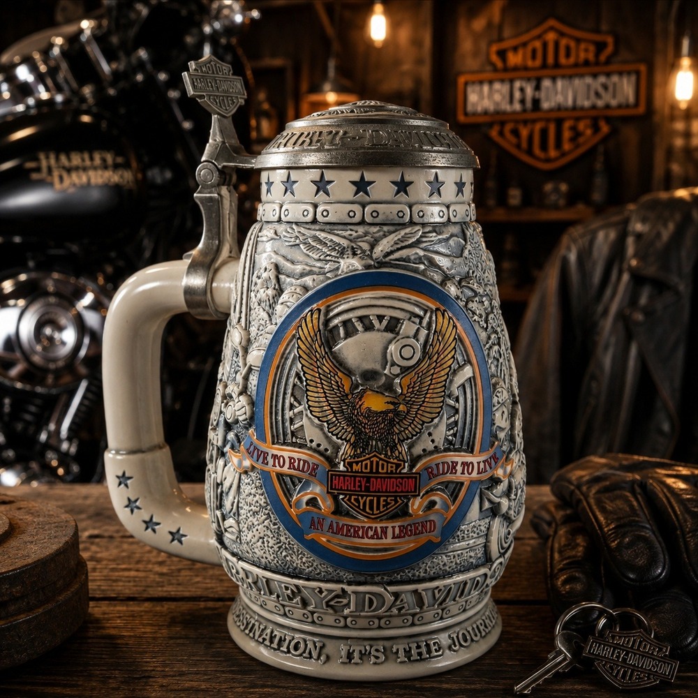 Harley-Davidson Live to Ride Eagle Beer Stein Ceramic Pewter Lid With Box‎